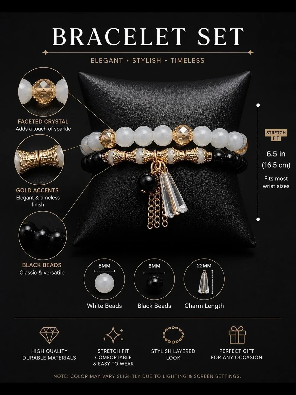Beaded Bracelet Set Gold Accent Black And White
